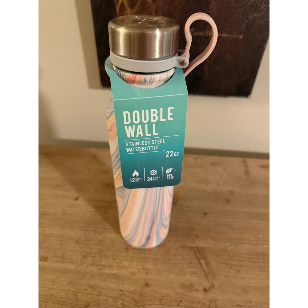 Eco One 22oz Double Wall Stainless Steel Water Bottle Marble Swirl Pink Blue New